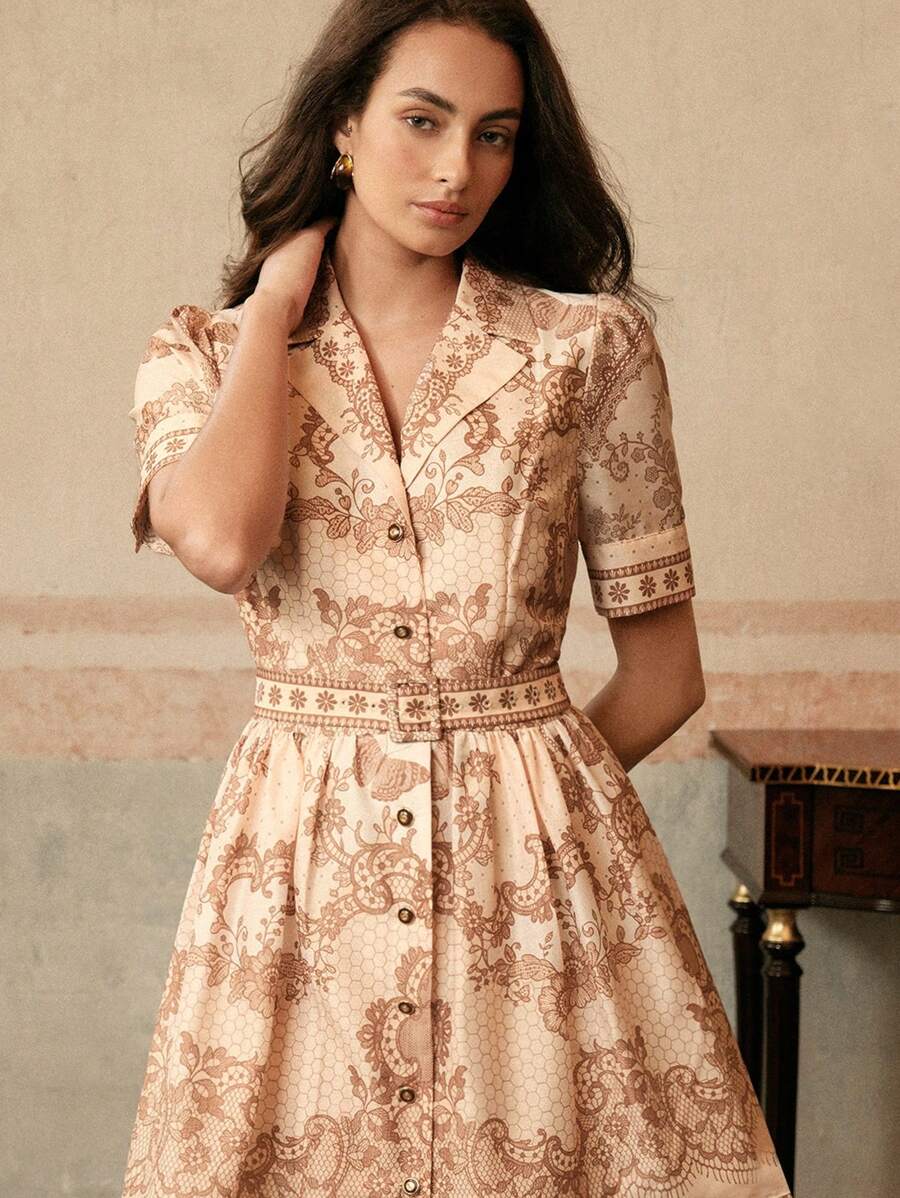 Anewsta Women's Elegant Beige Summer Vintage Floral Print V-Neck Beaded Single-Breasted Cinched Waist A-Line Dress,Tea Party Easter Festival Vacation - Mocha Brown - View 1