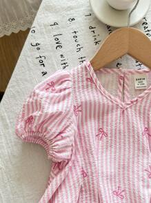 LMoss Kids Conjunto de 2 piezas para bebé niña compuesto por blusa de manga corta con lazo y pantalón de cintura elástica a rayas, para verano - Rosa - Ver 4