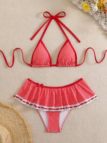 SHEIN Swim 2pcs Women Plaid Print Halter Top & Ruffled Bikini Bottom Set - Multicolor - View 3