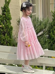 DAZY Young Girls Round Neck Layered Mesh Long Sleeve Party Dress - Pink - View 5