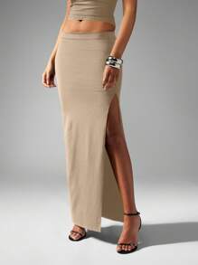 MISSGUIDED Chân váy maxi thanh lịch xẻ tà bên hông, ôm sát cơ thể, dài dự tiệc tối, cạp cao, thích hợp cho mùa thu đông. - Lạc đà - Xem 3