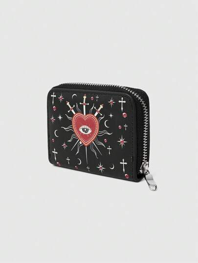 Goth 1 pièce Portefeuille gothique printemps été pour femmes, motif avec yeux de cristal, gouttes d'eau, étoiles, cœurs, soleil, croix. Portefeuille noir pour usage quotidien, Halloween