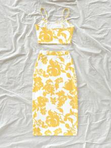 Soleia 2 Stücke Set mit Camisole und Minirock für Damen mit Blumenmuster, lässige Sommer-/Urlaubskleidung