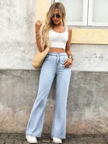 Breezaya Celana Panjang Denim Kasual Wanita Warna Polos dengan Saku dan Model Flare - Light Wash - View 6