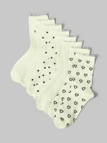 ROMWE Kawaii 4 Paar zufälliger Schleife, Punkt, Herz Design Knöchelsocken, süße schwarz-weiße einfarbige Socken mit Spitzenkante, vielseitige Damensocken im Joshi-Kōsei-Stil