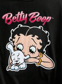 Betty Boop x SHEIN Conjunto de pijama de camiseta de manga corta con estampado de letras y figuras y pantalones cortos para tallas grandes de verano