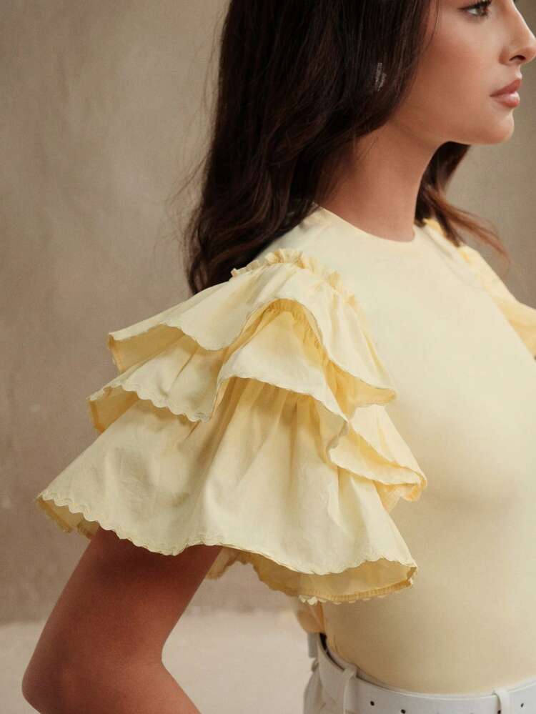 Holiday, Elegant, Beach, Festival Round Neck Puff Sleeve Frill Trim Splice Short Sleeve Vacation Casual T-Shirt Top, Spring For Women, Summer
