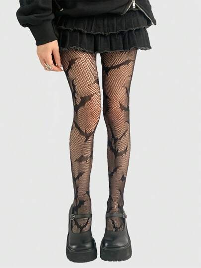 Goth 1 Pair Bat Pattern Gothic Fishnet Pantyhose, Halloween