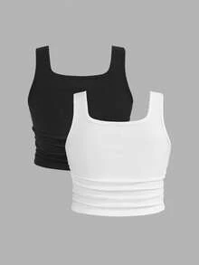 SHEIN EZwear 大码休闲简约背心，多件装女士背心上衣，运动背心，夏季运动背心，女士带垫上衣，女士背心上衣，赛车背心，女士基础款上衣，多件装上衣 - 黑與白 - 查看 2