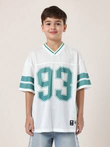 SUMWON Camiseta informal de manga corta con rendimiento transpirable, estilo jersey de béisbol atlético de malla, número de equipo deportivo, para entrenamientos y niños