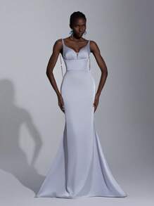 Elitara Elegante vestido de gala con tirantes finos de satén plateado, sin espalda, con cadena de cristales y lazo decorativo, con cola de pez extra larga. Vestido formal para mujeres, graduación, fiesta, eventos, boda