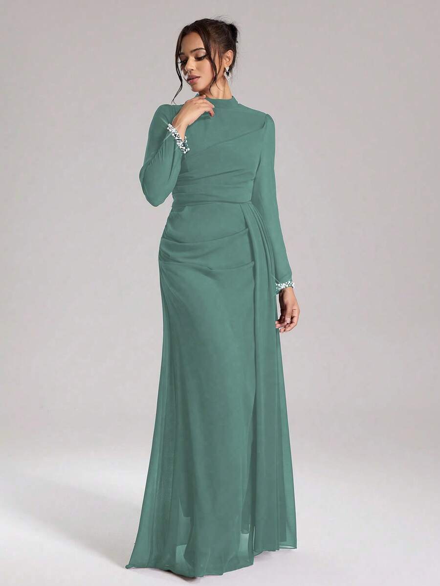 Coutiva 高端晚礼服，亮片和珍珠袖口，优雅奢华的社交名媛风格，正式派对礼服，适合婚礼宾客 - 綠色 - 查看 1