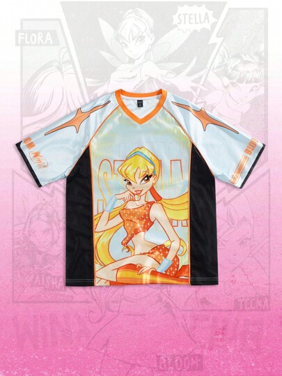 Winx Club X ROMWE Men's Anime Jersey Colorblock V-Neck Cartoon Graphic Short Sleeve Casual T-Shirt