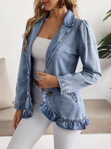 EMERY ROSE Women's Casual Denim Jacket With Ruffle Hem And Long Sleeves - Blue - View 5