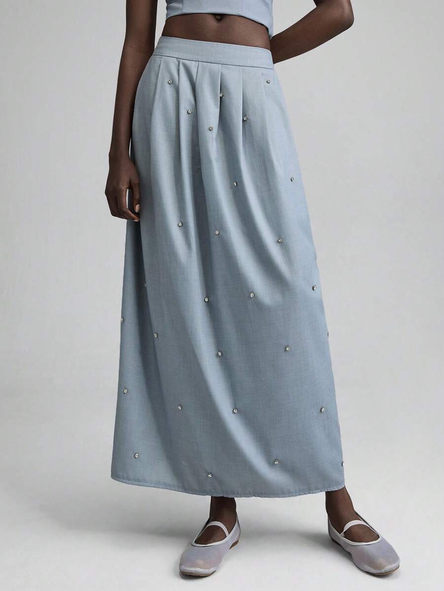 Ontre 2025年夏季优雅纯色水晶装饰长裙，适合海滩度假、俱乐部服装、教师制服、乡村音乐节、街头风格、斯德哥尔摩时尚、独立日女士夏季 - 灰色 - 查看 1