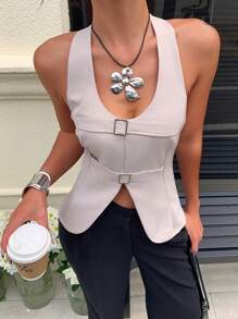 SHEIN Essnce Summer New Women Button Attached Bodycon Halter Top