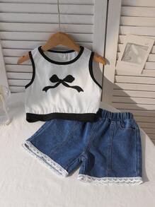Ensemble de tenue décontractée style coréen pour jeune fille : Débardeur court imprimé nœud et fleurs (parfum de menthe) + short en jean patchwork à jambes larges, ensemble 2 pièces pour l'été - Noir et Blanc - Voir 1