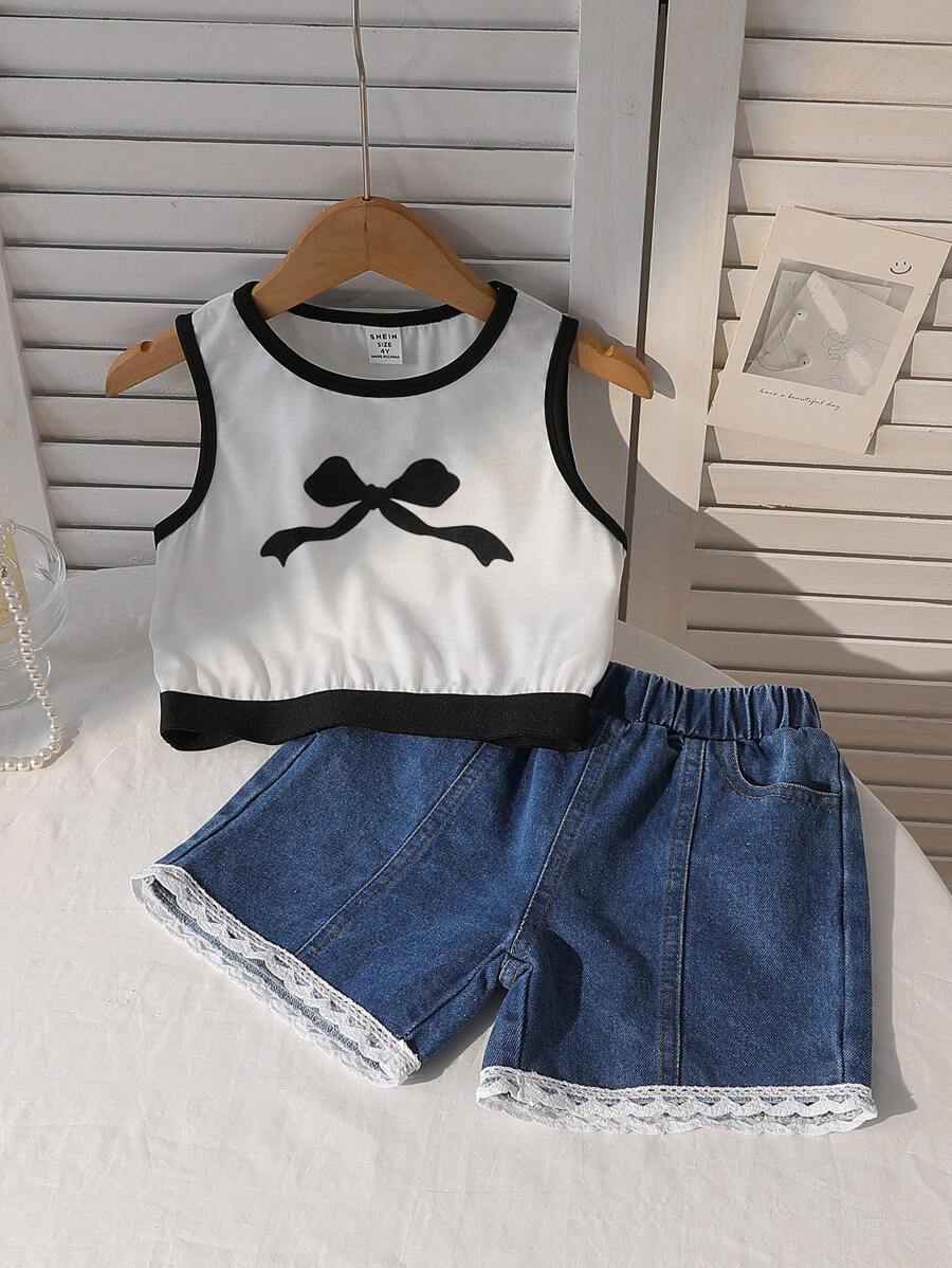 Ensemble de tenue décontractée style coréen pour jeune fille : Débardeur court imprimé nœud et fleurs (parfum de menthe) + short en jean patchwork à jambes larges, ensemble 2 pièces pour l'été - Noir et Blanc - Voir 1