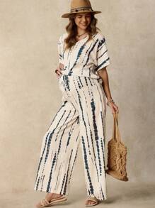 SHEIN Maternity Tie-Dye Two-Piece Suit: Woven Fabric, V-Neck, Short Sleeve Top And Adjustable Waist Wide Leg Pants Set For Casual Summer Style - Black and White - View 4