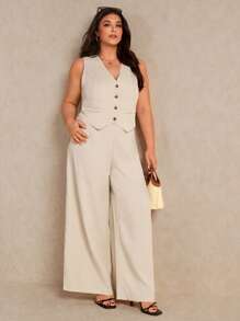 Elaquor 夏季大码女式宽松无袖单排扣背心和阔腿裤两件套