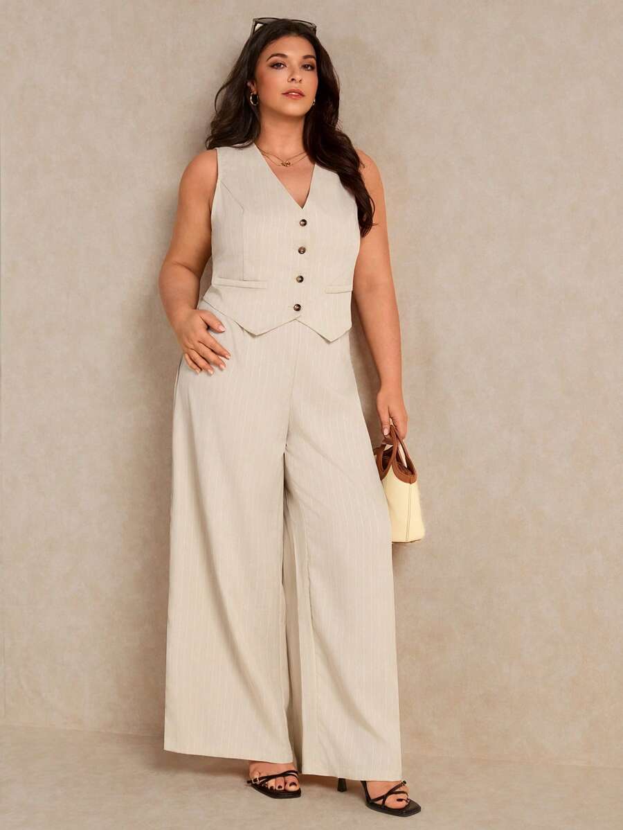 Elaquor 夏季大码女式宽松无袖单排扣背心和阔腿裤两件套