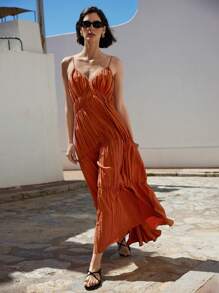 Ontre 2025 Women's Vacation Solid Color Ruffle Hem Sleeveless Dress, Bohemian Style, Suitable For Ibiza Island, Vacation, Festival, Orange