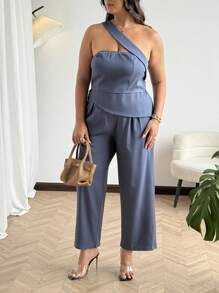 Flirla Bộ 2 món áo không tay cổ tròn màu trơn cỡ lớn và quần dài, thanh lịch - Xám - Xem 4