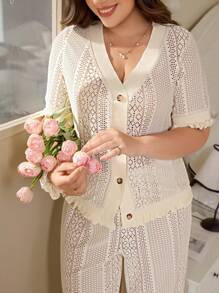 Serenescape Plus Size Ins Style Jacquard Semi-Sheer Pajama Set - Apricot - View 3