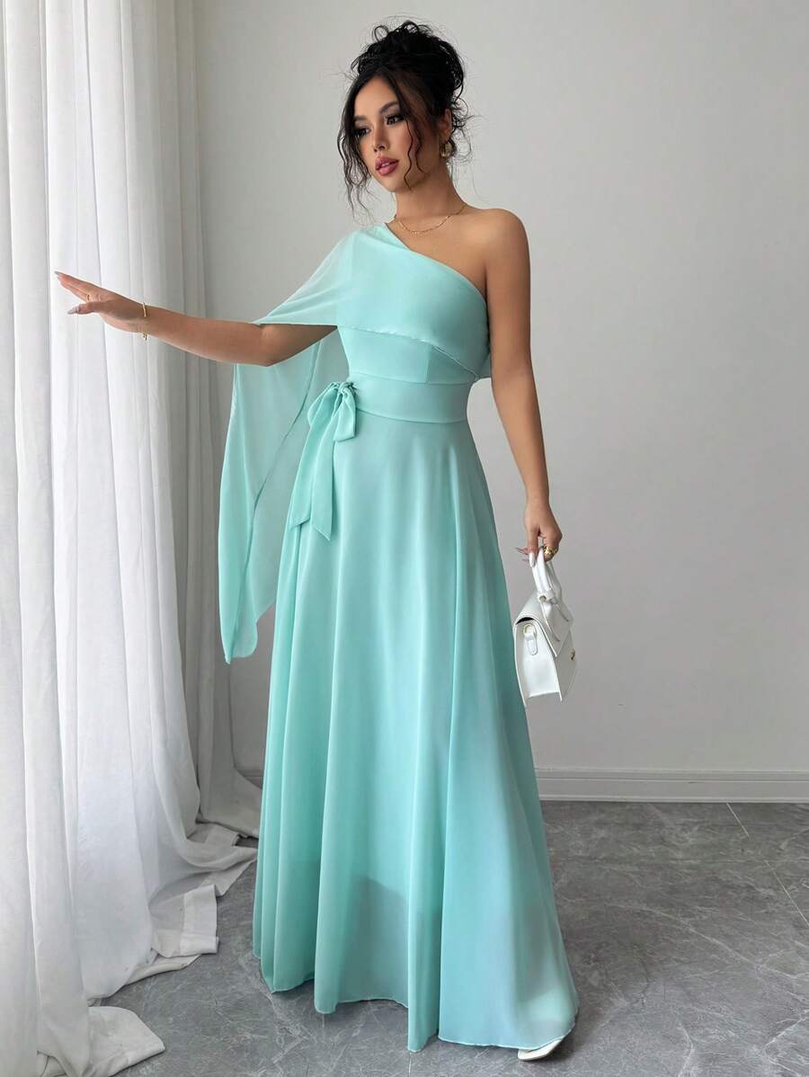 Elenzga Vestido de graduación elegante verde menta con capa asimétrica, corte evasé, cintura ceñida, romántico para mujeres