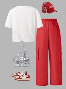Conjunto de 2 piezas para niñas pre-adolescentes con blusa de cuello redondo de manga corta con estampado de cerezas y pantalones cargo en rojo y blanco