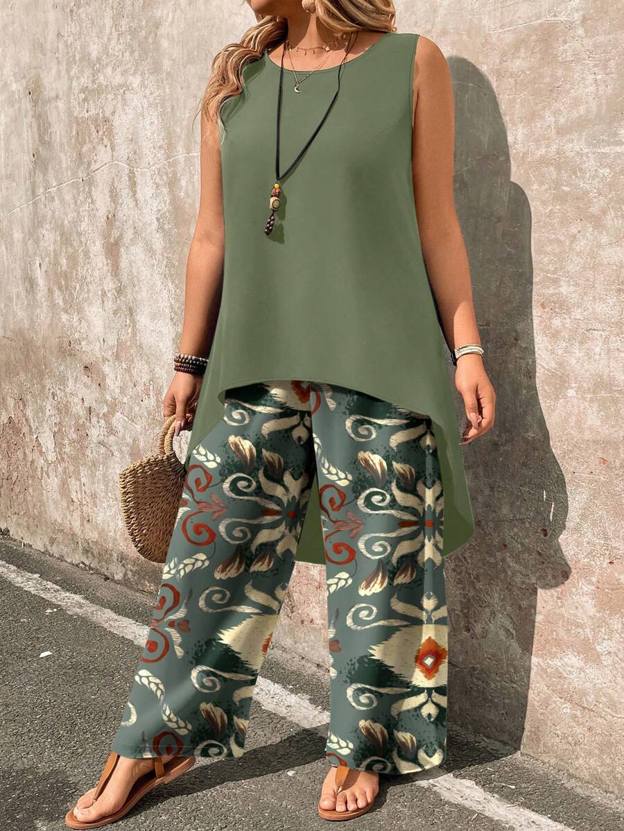 EMERY ROSE Plus Size 2pcs Set Paisley Print Sleeveless Top And Wide Leg Pants Summer Women Clothes  Curve Plus   Vacation Women Clothes   Shein Curve - Multicolor - View 1