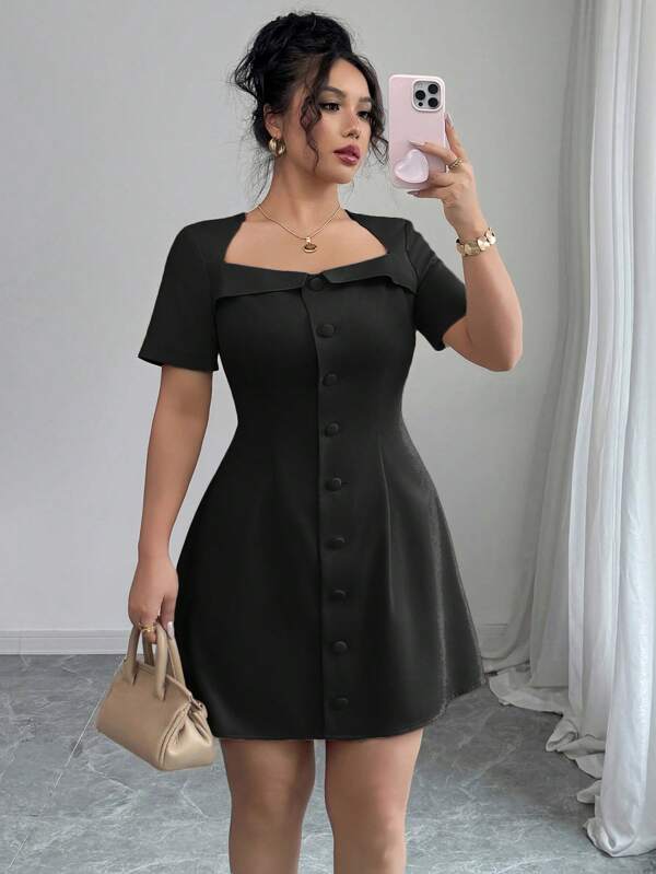 Elenzga Vestido corto de manga corta con cuello trapezoidal y botonadura para mujer talla grande, estilo francés elegante, adecuado para trabajo y uso diario, primavera/verano