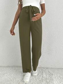 SHEIN Maternity Casual Woven Fabric Long Pants With Knot Detail In Army Green For Everyday Comfort