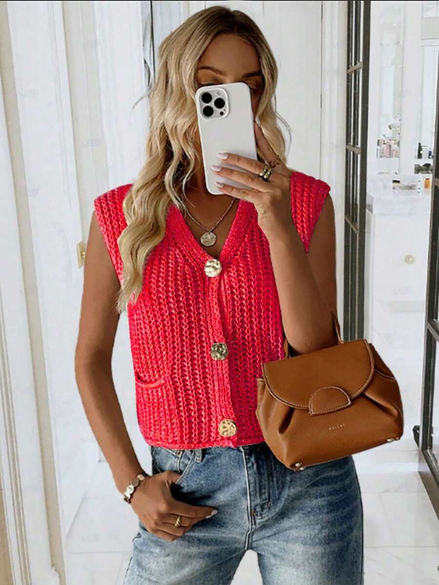 SHEIN Holidaya 新款V领罗纹针织毛衣背心，优雅时尚 - 紅色 - 查看 1