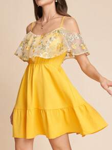 SHEIN Clasi 女士优雅露肩黄色夏季A字迷你连衣裙 - 黃色 - 查看 6