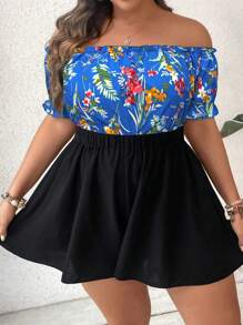 SHEIN Holidaya Tuta corta senza spalle con stampa tropicale di piante per taglie comode