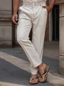 Manfinity Homme Pantalones rectos relajados para hombres con cintura con cordón y bolsillos laterales, pantalones de lino para hombres - Beis - Ver 5