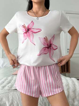Serenescape 2 件套女士和女孩花卉印花短袖上衣和条纹短裤睡衣套装，春夏季假期