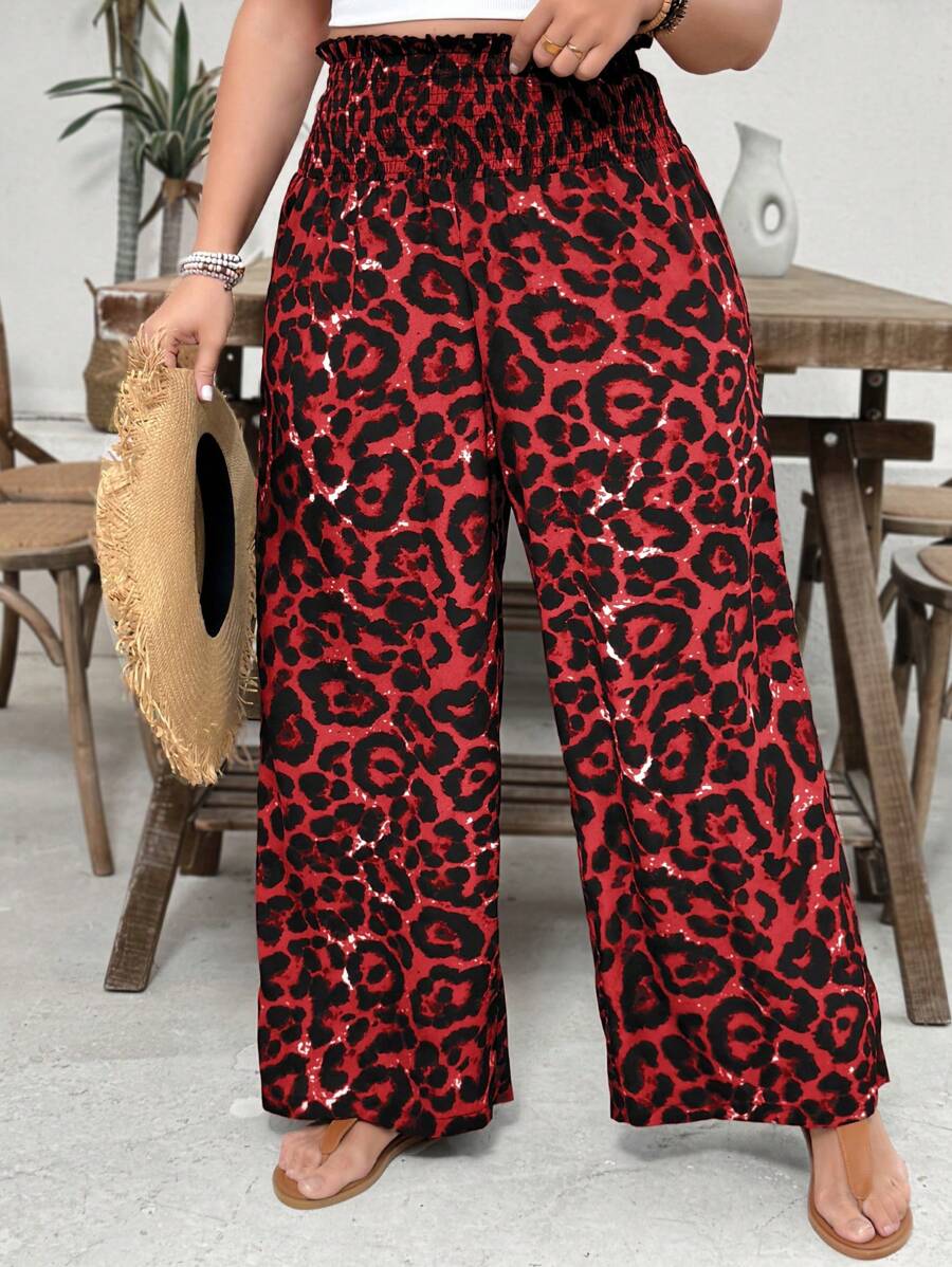 SHEIN VCAY Plus Size Leopard Print Drawstring Waist Casual Loose Pants - Red - View 1