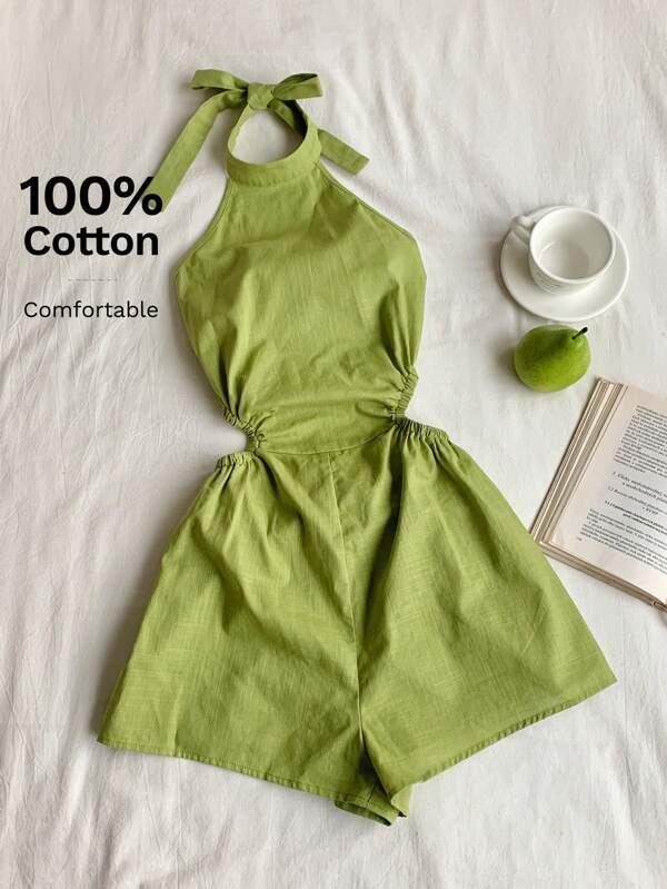 Comfortcana Green Woven Cut-Out Side Waist & Halter Neck Romper For Women