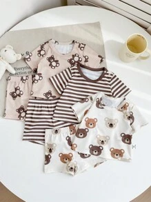 SHEIN Bộ 6 món/Bộ đồ ngủ thường ngày cho bé trai sơ sinh họa tiết gấu hoạt hình dễ thương & sọc, cổ tròn, tay ngắn và quần short, mùa hè - màu nâu - Xem 5