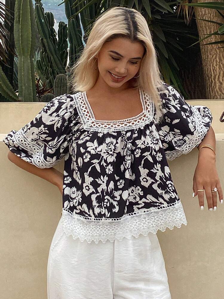 Ditsy Floral Contrast Lace Trim Casual Vacation Peasant Blouse For Women, Summer,Ruffle Babydoll Top Boho