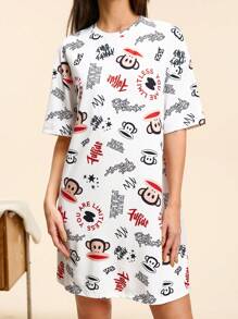 Paul Frank X SHEIN Women Summer Casual Cartoon Letter & Monkey Print Round Neck Short Sleeve Nightgown,Graffiti Sleepwear - White - View 1