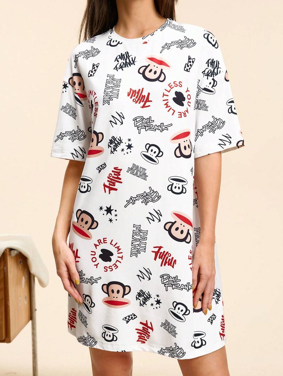 Paul Frank X SHEIN Women Summer Casual Cartoon Letter & Monkey Print Round Neck Short Sleeve Nightgown,Graffiti Sleepwear - White - View 1
