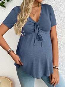 SHEIN 孕妇休闲纯色高腰短袖T恤，夏季 - 藍色 - 查看 4