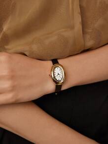 MOTF OVAL SHAPED GOLD COLOR ROMAN NUMERAL WOMEN'S WATCH - Black - View 9