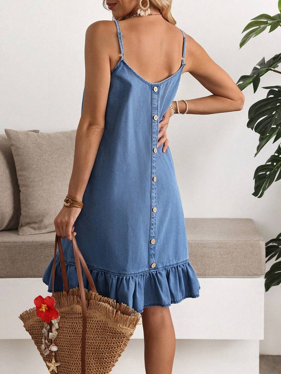Breezaya 女式纯色荷叶边下摆纽扣肩带牛仔连衣裙 - 藍色 - 查看 1