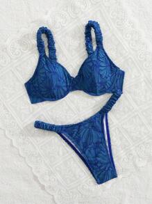 Swim Mod Set de 2 piezas Conjunto de bikini con tirantes anchos fruncidos de tela floral de unicolor para mujeres, apto para primavera, verano y vacaciones en la playa