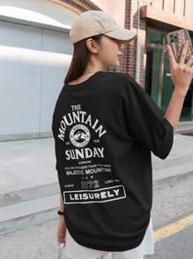 DAZY 山与标语图案落肩 T 恤 THE MOUNTAIN VERY A MODERN PLACE STAY STRONG FINE SUNDAY SUNSHINE YOU ARE STRONGER THAN YOU KNOW MAJESTIC MOUNTAIN 18.ON 03 SUN 1872 LONG TIME LEISURELY 夏季超大 T 恤 - 黑色 - 查看 4