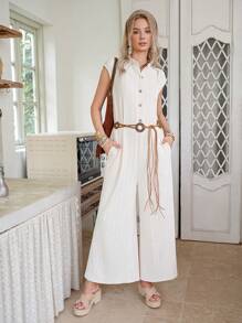 LanaWest Bộ đồ liền thân ống rộng thoải mái, họa tiết mùa xuân/hè 2025, trang phục nghỉ dưỡng thời trang và đa năng - Màu be - Xem 3